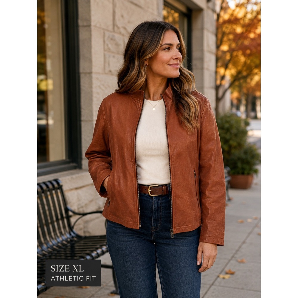 Chic Leather Cognac Jacket Quiet Luxury Equestrian Fall Minimalist Sz XL
